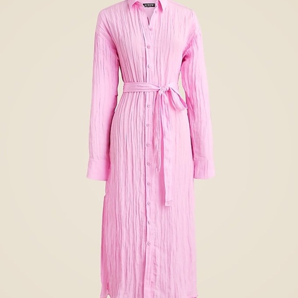 NWT J. Crew Belted Shirt Dress in Washed Nylon Pink Crinkle Midi - Picture 1 of 9